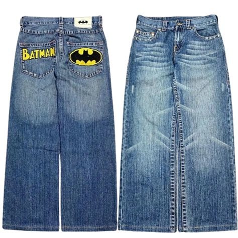 fashionshop Baggy Jeans With Design, Pants Painting, Blue Baggy Jeans, Street Style Outfits Casual, Y2k Baggy Jeans, Fall Outfits Y2k, Silly Clothes, Batman Outfits, Clothes Streetwear