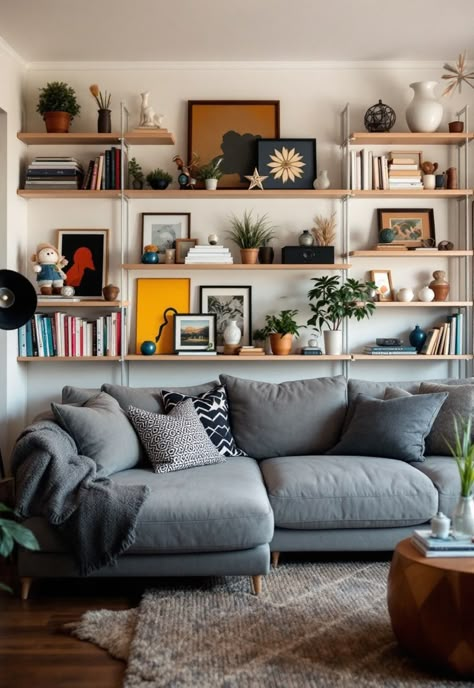 Grey Couch Living Room Colorful Living Room With Gray Couch, Grey Couch Inspo Living Room, Decorate Grey Couch, Silver Couch Living Room, Gray Couch Family Room, Styling A Grey Couch, Living Room Designs Gray Couch, Living Room Ideas Grey Couch, Light Grey Couch Living Room Ideas