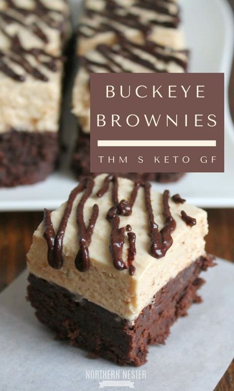 Keto Buckeye Brownies, Thm Candy, Thm Snacks, Buckeye Brownies, Thm Sweets, Trim Healthy Mama Dessert, Keto Cakes, Trim Healthy Recipes, Cheesecake Layer