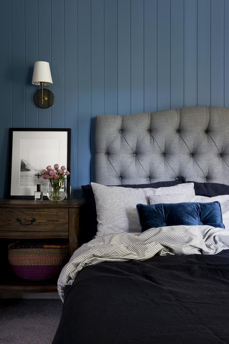 The Queenslander Resources Guide - Cedar & Suede Blue Wall Panelling, Vj Panelling, Navy Headboard, Headboard Bedroom, Wall Panelling, Bedroom Renovation, Blue Bedroom, Master Bedrooms Decor, Main Bedroom