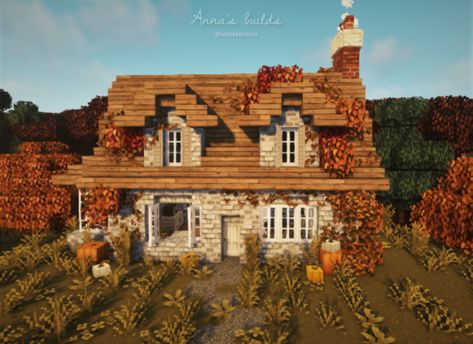 *My minecraft creations* — Autumn stone cottage.  I will be sharing some... Vintage Minecraft House, Minecraft Birch House Ideas, Birch House Minecraft, Minecraft Houses Cottagecore, Minecraft Farm House, Cottage Autumn, Cottage Minecraft, Minecraft Houses Survival, Minecraft Houses Blueprints