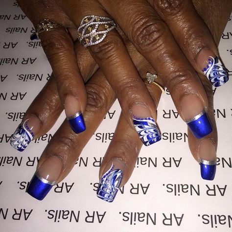 Zeta Phi Beta Nail Designs, Blue Sns Nails Designs, Blue And Silver Nail Designs, Blue Acrylic Nail Designs, Dallas Cowboys Nail Designs, Bb Nails, Hanukkah Nails, French Tip Ideas, Dallas Cowboys Nails