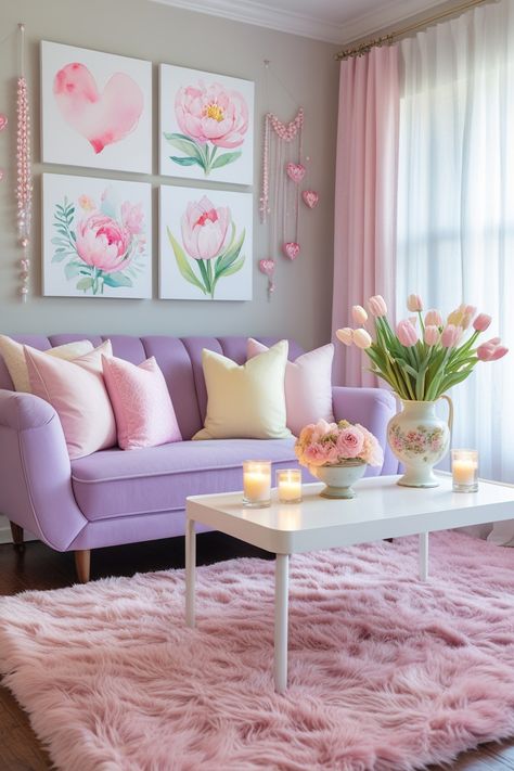 A beautifully decorated Valentine's Day living room, transformed into a pastel wonderland of romance and charm. A plush blush pink rug anchors the space, adding warmth and softness underfoot. At the heart of the room, a cozy lilac loveseat is adorned with an inviting mix of soft pink and pastel yellow pillows, creating a dreamy, layered look. Valentines Living Room Decor, Valentines Living Room, Blush Pink Rug, Pink Wonderland, Colourful Living Room Decor, Yellow Pillows, Colourful Living Room, Living Room Decor Ideas, Pastel Yellow