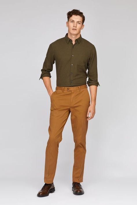 Dark Brown Khaki Pants Outfit Men, Khaki Chinos Men Outfits, Brown Chinos Men Outfits, Men Khaki Pants Outfit, Brown Pants Outfit Men, Camel Pants Outfit, Khaki Pants Outfit Men, Orange Pants Outfit, Mens Dressy Casual