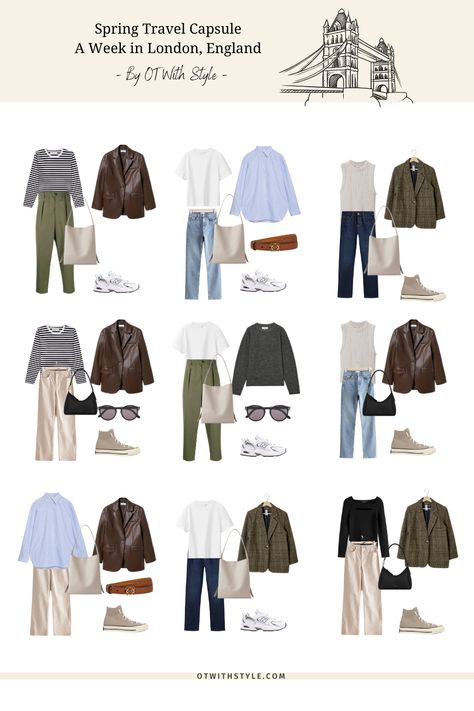 London Vacation Outfits, London Trip Outfit, London Spring Outfit, Spring Travel Capsule, Scotland Outfit, England Outfits, Outfits For London, Travel Wardrobe Spring, London Outfit Ideas