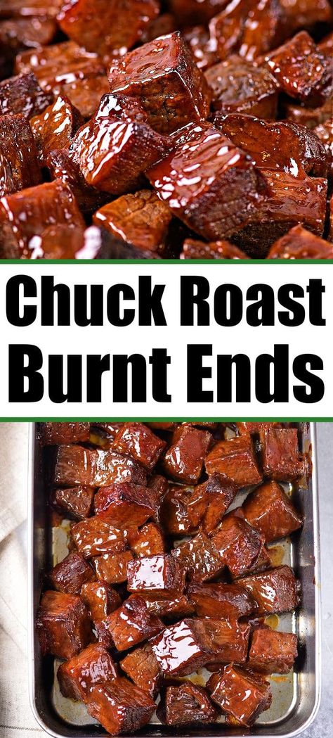 Chuck roast burnt ends in oven turn out great. With a dry rub and sauced at the end these steak bites come out sticky sweet and savory. Burnt Ends In Oven, Chuck Roast Recipe Oven, Chuck Roast Burnt Ends, Roast Burnt Ends, Poor Man's Burnt Ends, Chuck Steak Recipes, Beef Chuck Steaks, Roast Steak, Chuck Roast Recipes