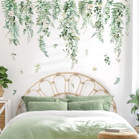 decalmile Green Plants Leaves Wall Decals Hanging Vines Tropical Flower Leaf Wall Stickers Bedroom Living Room Sofa TV Background Wall Decor Green Wall Stickers, Stick Wall Art, Plants Leaves, Hanging Vines, Vine Wall, Wall Tattoo, Flower Wall Stickers, Wall Stickers Bedroom, Living Room Tv Wall