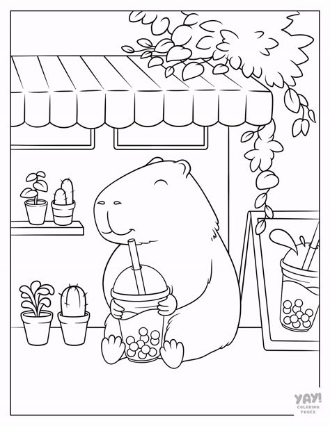 Capybara drinking boba at cafe. Yay Coloring Pages, Boba Coloring Page, Cute Coloring Pages Printable, Capybara Coloring Page, Free Printable Coloring Pages For Adults Easy, Cute Coloring Pages Free Printable, Coloring Pages Food, Funny Coloring Pages, Chibi Coloring Pages