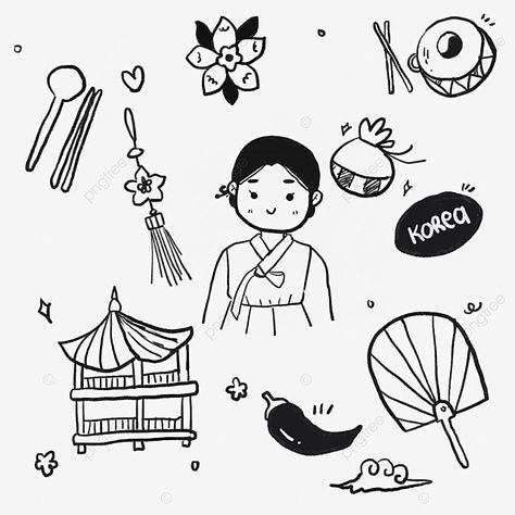 South Korea Drawing Easy, Korean Line Art, Cute Korean Doodles, Korea Doodle, South Korea Drawing, Small Easy Doodles, Cute Small Easy Doodles, Drawing Korean, Drawing Motivation