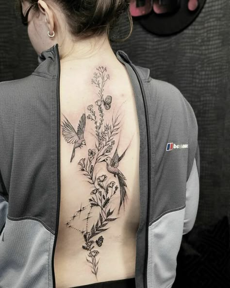 Inspired By Nature Baby Owl Tattoos, Tattoo Bear, Beautiful Spine Tattoos, Beauty Is Pain, Pair Tattoos, Spinal Tattoo, Flower Spine Tattoos, Spine Tattoo Ideas, Whimsical Tattoos