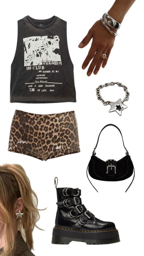 Black band tank top with sequenced brown cheetah shorts are accessorized with chunky silver bracelets and earrings. With the outfit, you have black Doc Marten boots with belt buckles, and a matching black purse. Rock And Roll Outfits 80's, Rock And Roll Aesthetic Outfit, Rock Concert Fashion, Grunge Chic Outfits, Metal Concert Outfit, Concert Outfit Rock, Rock Star Outfit, Grunge Chic, Edgy Accessories