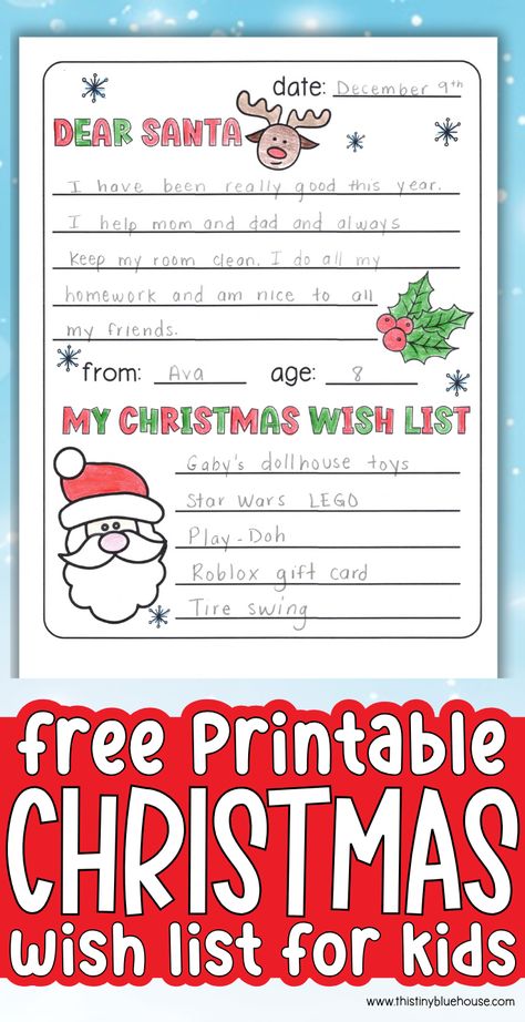 This free printable Christmas wish list for kids is a fun way for kids to write out their Christmas wish list.  A great choice for kids of all ages, this free printable Christmas letter to Santa is a great writing activity that you can use at home or in the classroom.  Head over to our blog today to snag a copy of this free Christmas wish list for kids. Santa List Ideas For Kids, Santa Wishlist Printable, Christmas List For Kids Free Printable, List For Santa Printable, Kids Christmas Wish List Printable, Free Christmas Wish List Printable, Santa Christmas List Free Printable, Free Printable Christmas List, Santa List Printable Free