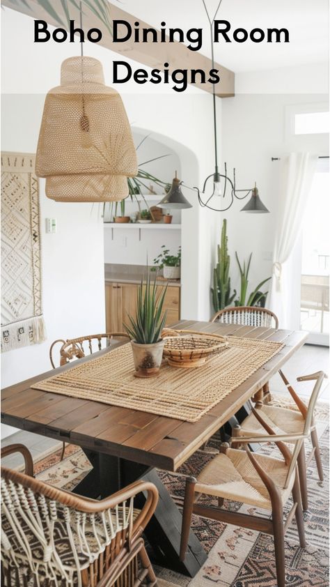 This boho dining room beautifully merges natural elements and textures to create a warm, inviting space. The central wooden table, complemented by a woven placemat and rustic decor, anchors the room with its earthy charm. Boho Dinningroom Table, Boho Dining Room Table, Table With Rattan Chairs, Modern Farmhouse Dining Chairs Rattan, Comfy Dining Chairs Rattan, Boho Chic Dining Room, Dining Table Chandelier Modern Rattan, Boho Dining Room Decor, Woven Pendant Light