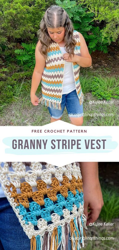 Crochet Granny Stripe Vest Crochet Fringe Vest Pattern Free, Granny Square Kids Vest, Crochet Granny Square Vest Pattern Free Easy, Granny Stripe Cardigan Pattern Free, Crochet Long Vest Pattern Free, Crochet Vest Cardigan, Crochet Open Vest Free Pattern, Crochet Summer Vest Free Pattern, Free Crochet Vest Patterns For Women