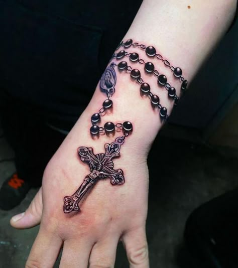 Rosary Hand Tattoos For Women, Rosario Tattoo Design, Rosary Cross Tattoo, Cross With Rosary Tattoo, Rosary Tattoo For Women Arm, Rosary Tattoo For Men, Rosery Tattoos On Hand, Rosary Beads Tattoo, Rosary Tattoo Design