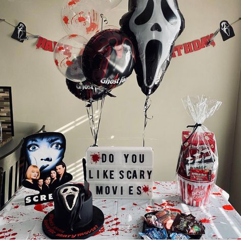 Halloween Horror Birthday Party, Ghost Face Room Ideas, Horror Movies Theme Party, Ghostface Themed Birthday, Horror Movie Bday Party, Horror Themed 30th Birthday Party, Scream Diy Decor, Horror Themed 40th Birthday, Horror Themes Birthday Party