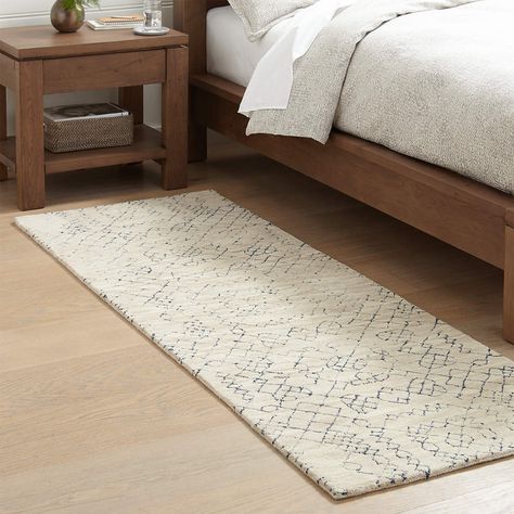 Azulejo Neutral Moroccan Style Rug Runner 2.5'x7' + Reviews | Crate and Barrel Master Bed Rug On Carpet, Runner Next To Bed Rug, Small Bedside Rug, Bedside Rugs Ideas, Bedrooms With Rugs Under Bed, Bedside Rug Ideas Bedroom, Rug On Side Of Bed, Runner Next To Bed, Runners In Bedroom