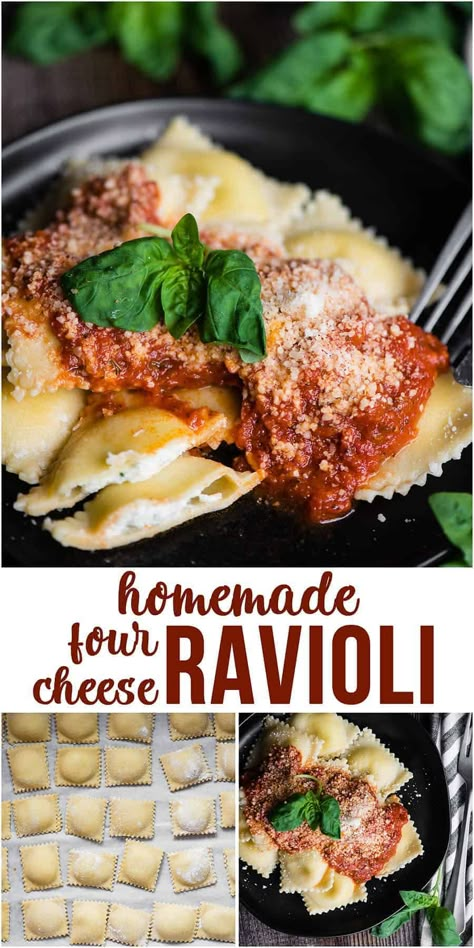 Homemade Four Cheese Ravioli is the best dinner recipe! Flavorful Italian cheeses perfectly wrapped in homemade pasta dough is pure comfort food! #ravioli #homemade #recipe #filling #cheese Four Cheese Ravioli Recipe, Four Cheese Ravioli, Ravioli Homemade, Cheese Ravioli Recipe, Ravioli Recipe Homemade, Ravioli Dough, Homemade Pasta Dough, Pasta Dough Recipes, Ravioli Pasta