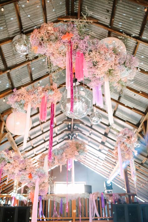 Cloud Wedding, Flower Cloud, Wedding Ceiling, Disco Party Decorations, Monochromatic Color Palette, Eclectic Wedding, Quirky Wedding, Wedding Reception Tables, Next Top Model