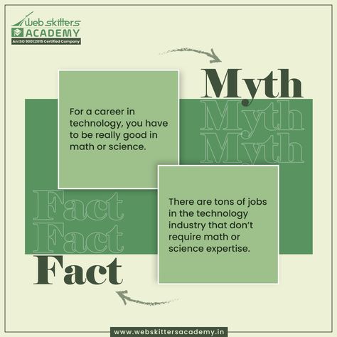 Are you looking for a career in technology? No, math and science are not compulsory subjects for that! It has just been a myth traveling around with us for decades. However, the truth is if you have the knack for technology, the industry will flood you with opportunities. #WebskittersAcademy #mythfact #burstingmyth #SmartPhone #enhanceyourknowledge #growwithus Myth And Fact Design, Myth Vs Fact Creative Design, Myth And Fact, Myth Fact, Myth Vs Fact, Myth Busters, Math And Science, Logo Design Set, The Knack