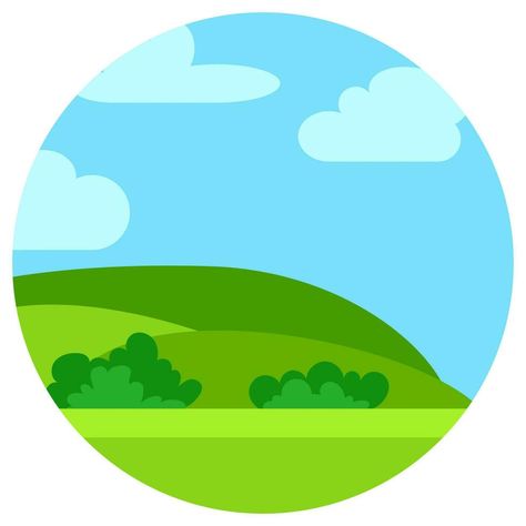 Natural cartoon landscape in circle. Vector illustration in the flat style with green hills, blue sky  and clouds at sunny day. Cartoon Landscape, Landscape Clipart, Circle Vector, Green Hills, Cityscape Photos, Logo Banners, Nature Backgrounds, Sky And Clouds, Flat Style