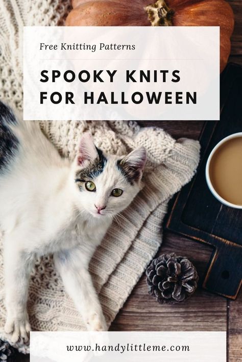 Free knitting patterns for Halloween. With Halloween around the corner, there is still time to make something spooky to wear. Find something to make in this Halloween knitting pattern collection, with quick last-minute costume knits (cat ears) to more complicated projects like the wonderful cat shawl. #halloween #halloweencostumes #halloweencrafts #knittingpatterns #knittingideas Free Knit Halloween Patterns, Knit Skull Sweater Pattern, Spiderweb Knitting Pattern, Knitting Patterns For Absolute Beginners, Halloween Scarf Knitting Pattern, Winter Knitting Patterns Free, Knit Bat Pattern, Horror Knitting Patterns, Witchy Knitting Patterns Free