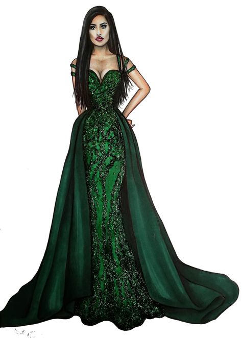 Mermaid Gown Sketches Design, Mermaid Gown Illustration, Formal Fashion Illustration, Green Dress Sketch, Green Dress Drawing, Emerald Green Mermaid Dress, Asgardian Dress, Green Mermaid Dress, Emerald Green Gown