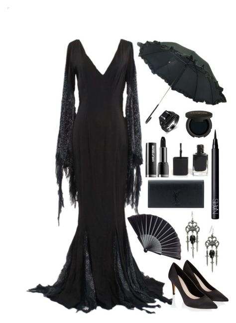 "Morticia" by psycho-doodle-bug ❤ liked on Polyvore featuring memento, Monsoon, Gorgeous Cosmetics, Yves Saint Laurent, NARS Cosmetics, contest, black, goth, alternative and addams Morticia Addams Costume, Story Images, Doodle Bug, Morticia Addams, Witch Fashion, Outfit Layout, Black Goth, Addams Family, Gothic Outfits