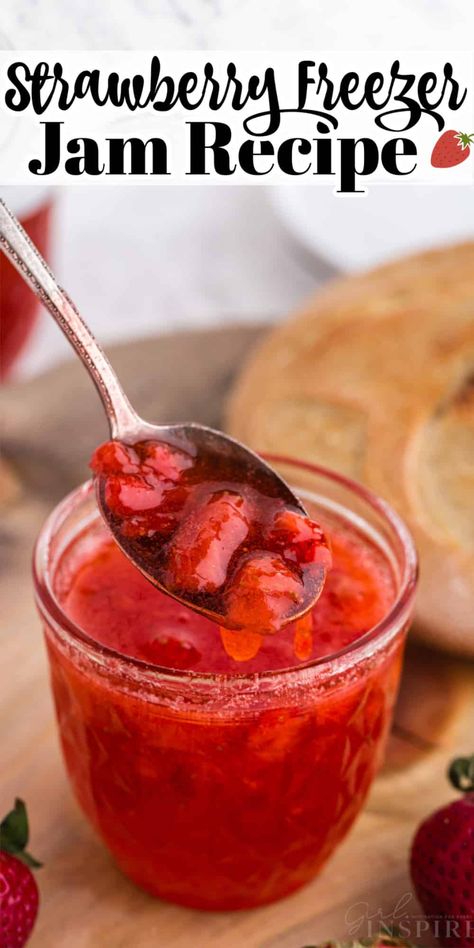 This Strawberry Freezer Jam Recipe is a delicious alternative to store-bought jam, made with pectin, sugar, fresh strawberries, and water. Strawberry Jam With Pectin, Strawberry Freezer Jam Recipe, Raspberry Freezer Jam, Pectin Recipes, Easy Strawberry Jam, Strawberry Freezer Jam, Easy Jam, Freezer Jam Recipes, Strawberry Jam Recipe