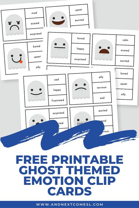 A screenshot of some ghost themed emotion clip cards for kids. Each of the cards features an adorable ghost emoji and three emotion words. There is a text overlay in navy that says "Free Printable Ghost Themed Emotion Clip Cards." Anger Worksheets, Teaching Emotions, Emotions Cards, Emotions Activities, Fine Motor Activity, Emotional Child, Little Ghost, Daycare Activities, Halloween Activities For Kids