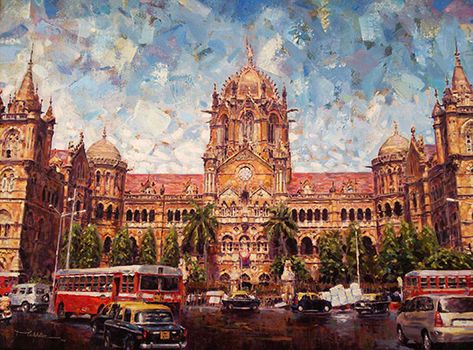 Chhatrapati Shivaji Terminus (CST) by Mukhtar Kazi, 30 x 40, Acrylic on Canvas  Mumbai 24 - Exhibition of paintings by artist Mukhtar Kazi at Kamalnayan Bajaj Art Gallery in February, 2014. Mumbai Canvas Painting, Mumbai City Painting, Mumbai Painting, Mumbai Illustration, Char Minar, Nariman Point, Mumbai Art, Rangoli Competition, Chhatrapati Shivaji Terminus