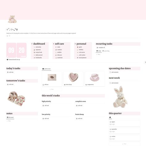 Improve your productivity and never forget anything ever again by having a central place to organise your life! Includes, assignment tracker, habit tracker, goal tracker, meal planner, recipe book, task tracker, skincare tracker, wishlist tracker, student planner, expense tracker, daily journal, notebook, bookmarks, hobby tracker, travel planner   more adhd friendly, adhd planner, pink aesthetic, coquette aesthetic, hello kitty, pastel, soft pink, romantic Wishlist Tracker, Hobby Tracker, Notion Dashboard Template, Hello Kitty Pastel, Skincare Tracker, Notion Inspiration, Notion Board, Notion Setup, Notion Library