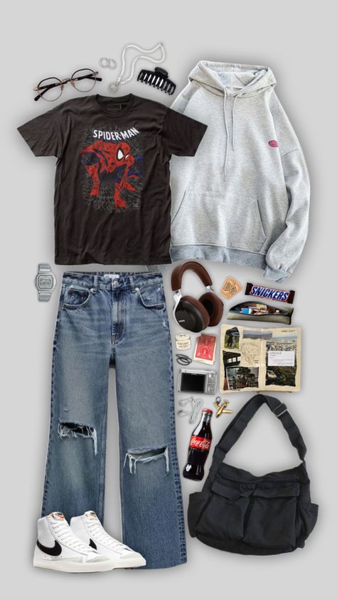 #aestheticoutfit #outfit #outfitinspiration #outfitinspo #spiderman #marvel Cute Marvel Outfits, Spiderman Style Clothes, Spiderman Inspired Outfit Aesthetic, Peter Parker Aesthetic Outfit, Graphic Outfit Ideas, Spider Man Outfits Ideas Aesthetic, Marvel Outfits Aesthetic, Spiderman Outfit Aesthetic, Spiderman Aesthetic Outfit