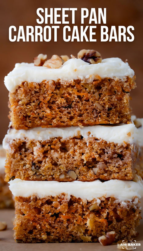 These Sheet Pan Carrot Cake Bars are moist dessert bars made with warm spices, walnuts, grated carrots, and pineapple, then topped with a creamy maple frosting. They give you all the cozy flavors of a classic carrot cake in easy-to-serve bars! Sheet Pan Carrot Cake, Sheet Pan Desserts, Carrot Sheet Cake Recipe, Carrot Cake Bars Recipe, Carrot Bars, Easy Impressive Dessert, Classic Carrot Cake, Carrot Cake Bars, Maple Frosting