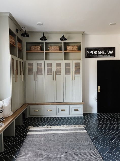 Laundry/Mudroom — Ryan Haus Interiors + Design Black Herringbone Tile Floor, Black Herringbone Floor, Black Herringbone Tile, Mudroom Remodel, Herringbone Tile Floors, Laundry Room/mud Room, White Cupboards, Mudroom Lockers, Mudroom Laundry Room