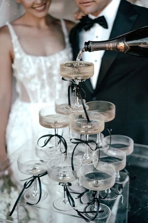 Clear Ribbed Champagne Tower & Tray Set - 30pc - The Pretty Prop Shop - Auckland Wedding and Event Hire Champagne Tower Engagement Party, Bachelorette Champagne Tower, Drink Fountain Wedding, Martini Tower Wedding, Champagne Coupe Tower, Diy Champagne Tower, Small Champagne Tower, Champagne Tower Aesthetic, Champagne Glass Tower