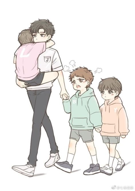 Group Fanart, Anime Siblings, Boy Drawing, Anime Family, Anime Child, Cute Cartoon Drawings, Boy Group, Anime Dad