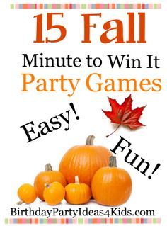 15 Fun, Easy and CHEAP Fall theme Minute to Win it style party games for kids, tweens and teens.   Great games that use household items for lots of Fall / Autumn fun!   Great for kids ages 5, 6, 7, 8, 9, 10, 11, 12, 13, 14, 15, 16, 17 years old ... and adults too!  15 FALL Minute to Win It Games - Easy, cheap, lots of fun! http://www.birthdaypartyideas4kids.com/fall-minute-to-win-it-games.html Workplace Games, Harvest Party Games, Thanksgiving Games For Adults, Fall Party Games, Fall Festival Games, Party Games For Kids, Thanksgiving Games For Kids, Fall Harvest Party, Festival Games