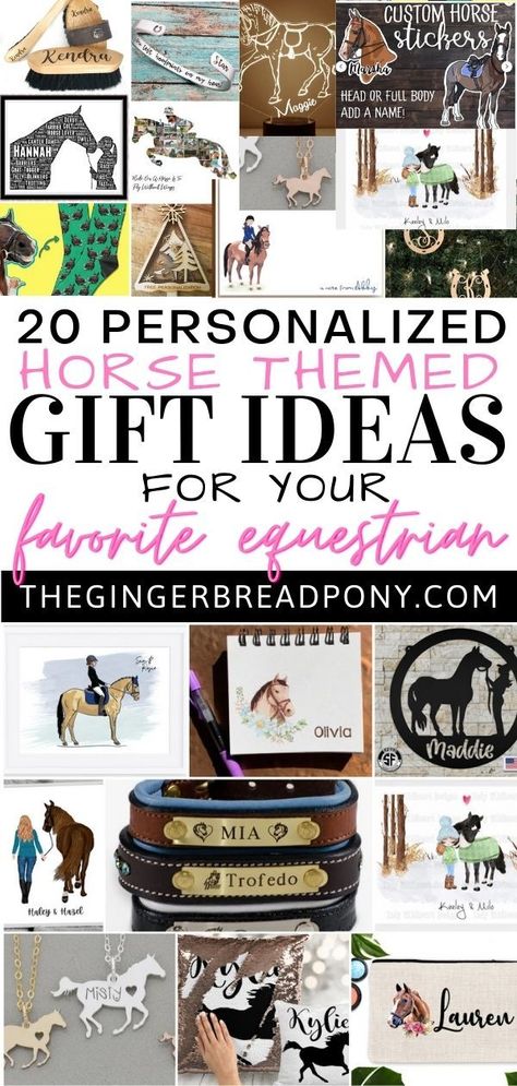 This gift guide is filled with 20 awesome gift ideas for your favorite equestrian! From personalized wall prints to tack, jewelry, stationary, stickers and more, these presents are unique and special! Choose from an array of horse themed gifts at many different price points. Each of these gifts offer a chance to gift a very personalized present. Perfect for holidays, birthdays and other milestones! #horses #equestrian #giftguide #thegingerbreadpony Horse Gift Ideas, Personalized Horse Gifts, Stationary Stickers, Horses Equestrian, Horses Theme, Horse Birthday, Equestrian Gifts, Custom Horse, Present Perfect