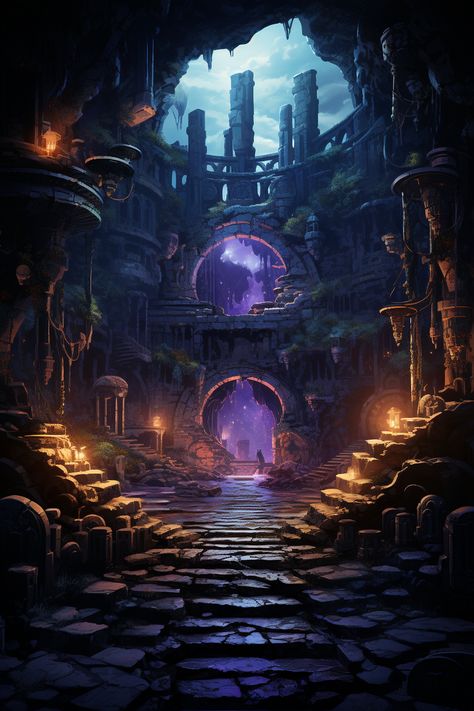 Basement Fantasy Art, Underground City Fantasy Art, Fantasy Places Mystic, Fantasy Town Concept Art, Ethereal Architecture, Surreal Cityscape, Underground Town, Subterranean City, Otherworldly Creatures