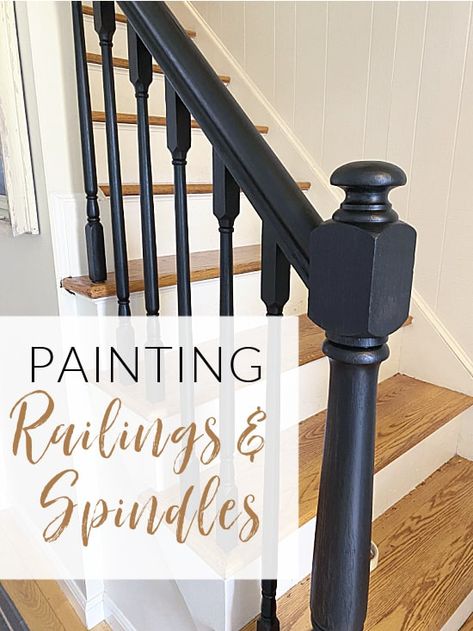 Banister And Railing Makeover, Updating Spindles On Stairs, Painted Oak Stair Railing, Changing Out Stair Spindles, Black Painted Banister Stairways, Painting A Staircase Railing, Replacing Wood Spindles With Iron, Banisters And Railings Makeover Paint, How To Change Spindles On Staircase