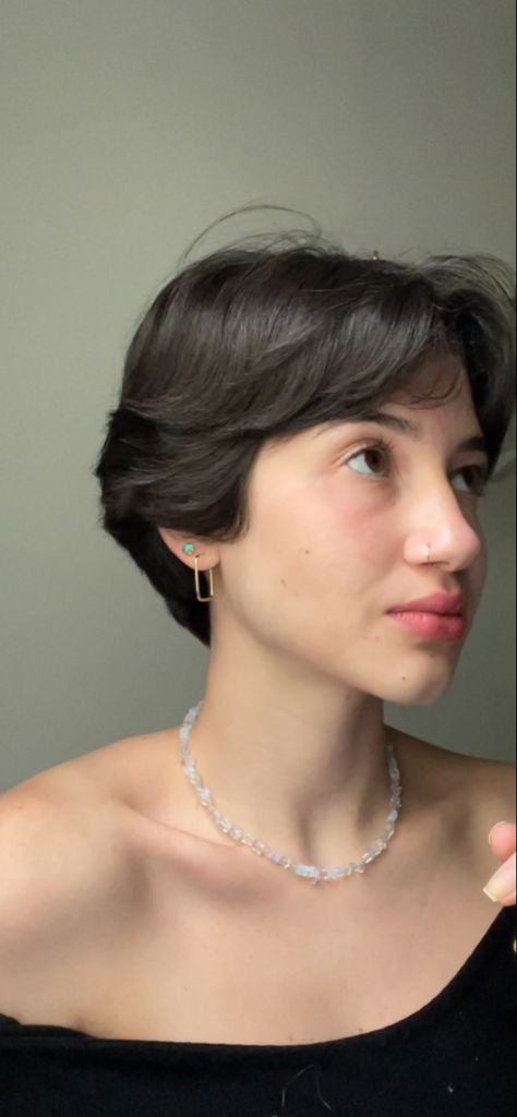 Middle Part Long Pixie, Short Nonbinary Hairstyles Thick Hair, Lesbian Haircuts Short Straight Hair, Short Haircuts Feminine, Pixie Style Outfits, Pixie Hairstyles Straight Hair, Short Straight Hair Pixie, Curtain Bangs Pixie Cut, Short Lesbian Haircut