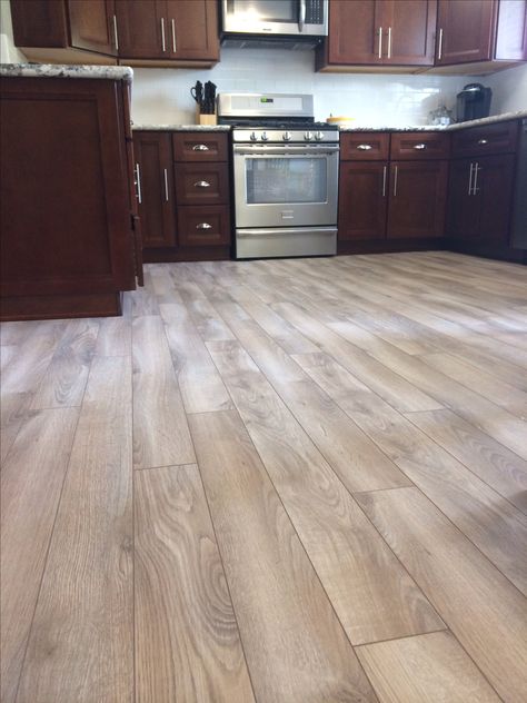 Grey floors. Delaware Bay Driftwood floor from Lumber Liquidators with dark cherry cabinets. http://m.lumberliquidators.com/ll/c/Delaware-Bay-Driftwood-Dream-Home-Nirvana-PLUS-10DD/10029700 Dark Cabinets With Light Floors, Flooring For Home, Cherry Wood Kitchens, Cherry Wood Cabinets, Cherry Wood Floors, House Improvement, Dark Brown Cabinets, Grey Wood Floors, Cherry Kitchen