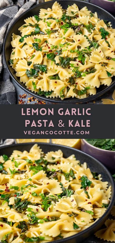 Vegan Lemon Garlic Pasta, Kale Pasta Recipe, Kale Recipes Healthy, Pasta With Kale, Lemon Kale, Vegan Diner, Kale Salads, Salad Spinach, Lemon Garlic Pasta