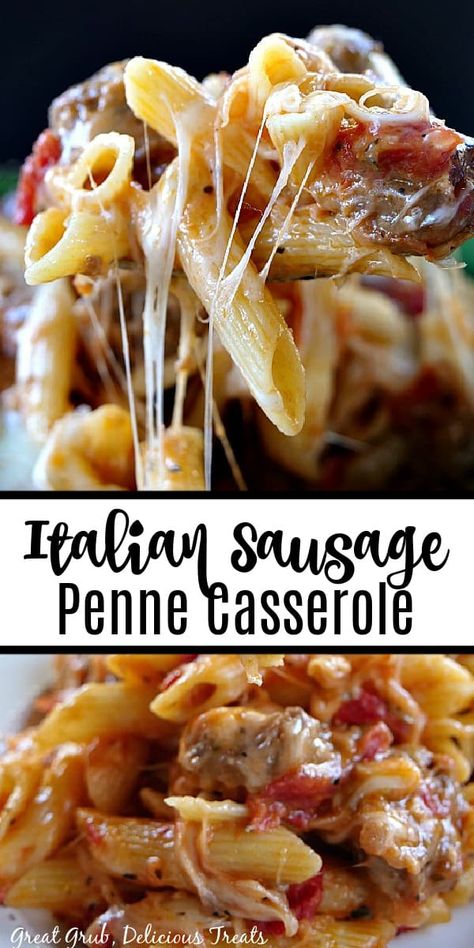 Italian Sausage Penne Casserole is a delicious, hearty and super cheesy pasta recipe loaded with Italian sausage. Casserole Recipes Beef, Penne Casserole, Sausage Penne, Cheesy Pasta Recipes, Italian Sausages, Pasta Casserole Recipes, Tomatoes Mozzarella, Italian Sausage Pasta, Italian Sausage Recipes