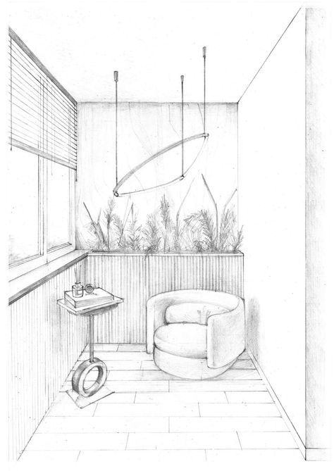 Sketches Of Interior Spaces, Interior Design Room Sketch, Balcony Design Drawing, Interior Space Sketch, Balcony Sketch Drawing, Room Sketches Interior, Interior Sketch Perspective, Interior Design Sketches Perspective, Balcony Sketch