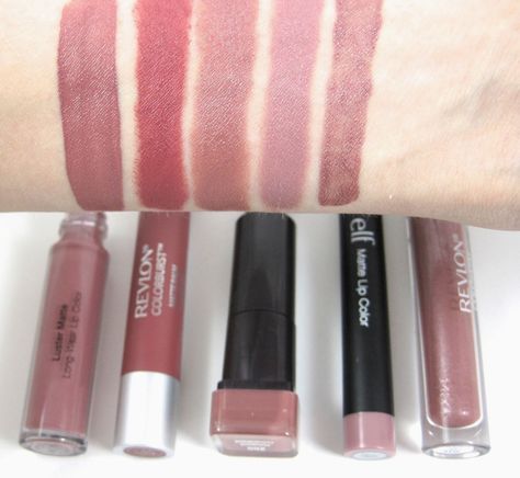 L-R: Sephora Luster Matte in Fig Luster, Revlon Colorburst Matte Balm in Sultry, Covergirl Lip Perfection in Romance, ELF Matte Lip Color in Tea Rose, Revlon Colorstay Ultimate Liquid Lipstick in Iconic Iris. Sephora Liquid Lipstick, Revlon Colorburst Matte Balm, Revlon Colorburst, Neutral Lips, Skip It, Matte Lip Color, Revlon Colorstay, Lipstick Swatches, Nails Makeup