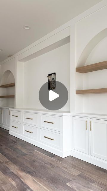 Matt + Hill | HD+C | Primary bedroom built-in with arched bookcases and white oak floating shelves! Our clients wanted to create function on a long but shallow... | Instagram Arched Bookcase Fireplace, Arched Bookcase Tv Wall, Built In Arched Shelves Living Room, Arched Built Ins With Tv, Built In Tv Wall Unit Arch, Built In Bedroom Shelves, Built Ins With Arch, Tall Ceiling Built Ins, Arched Shelf Built In