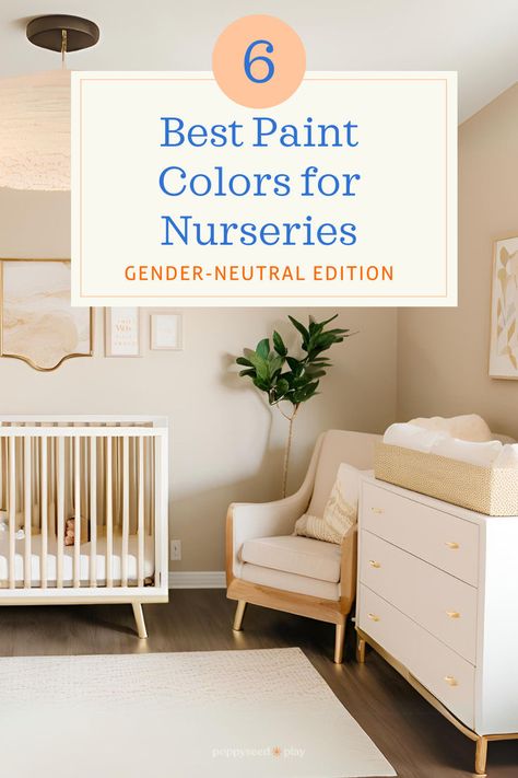 Image of a stylish nursery with gender-neutral paint colors, featuring soft pastels and timeless neutrals, creating a cozy and inviting space. This versatile nursery design is showcased by Poppyseed Play. Playroom Neutral Colors, Neutral Nursery Wall Color, Gender Neutral Paint Colors Kids Rooms, Cream Nursery Paint Colors, Cream Colored Nursery, Neutral Nursery Paint Colors Behr, Nursery Room Paint Colors, Neutral Playroom Paint Colors, Baby Nursery Paint Colors