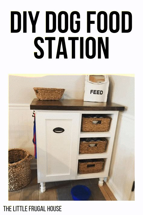 DIY Dog Food Station - Dog Food Storage Cabinet The Little Frugal House Diy Dog Food Station, Pet Organization Ideas, Dog Food Area, Dog Station, Dog Food Station, Food Storage Cabinet, Dogs Diy Projects, Dog Storage, Dog Organization